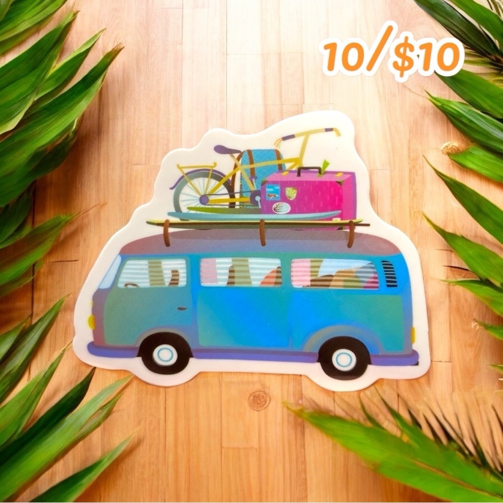Retro Van with Luggage & Bike Sticker | Vinyl Waterproof Decal | 2.5”